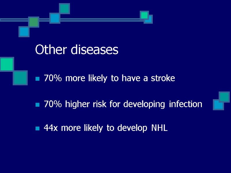 Other diseases 70% more likely to have a stroke  70% higher risk for